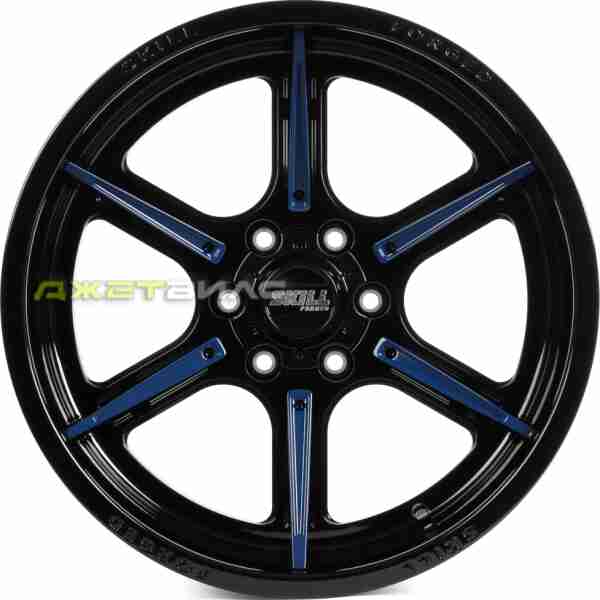 Кованый диск SKILL SD102-SV453 R20 10J 6x139.7 ET-18 DIA 77.8 чёрный глянцевый + синие спицы