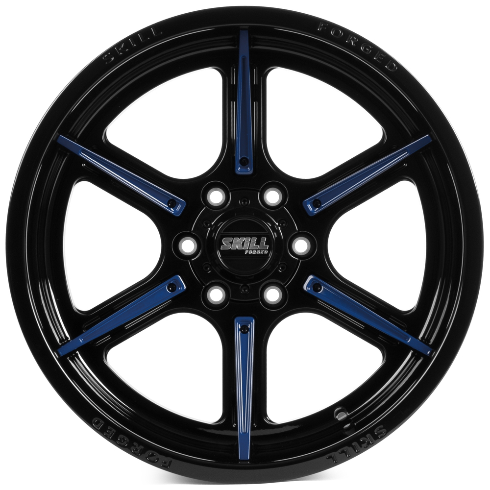 Кованый диск SKILL SD102-SV453 R20 10J 6x139.7 ET-18 Кованый диск SKILL SD102-SV453 R20 10J 6x139.7 ET-18 DIA 77.8 чёрный глянцевый + синие спицы