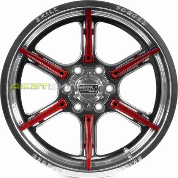 Кованый диск SKILL SD102-SV453 R20 10J 6x139.7 ET-18 DIA 77.8 зеркальная полировка + красные спицы