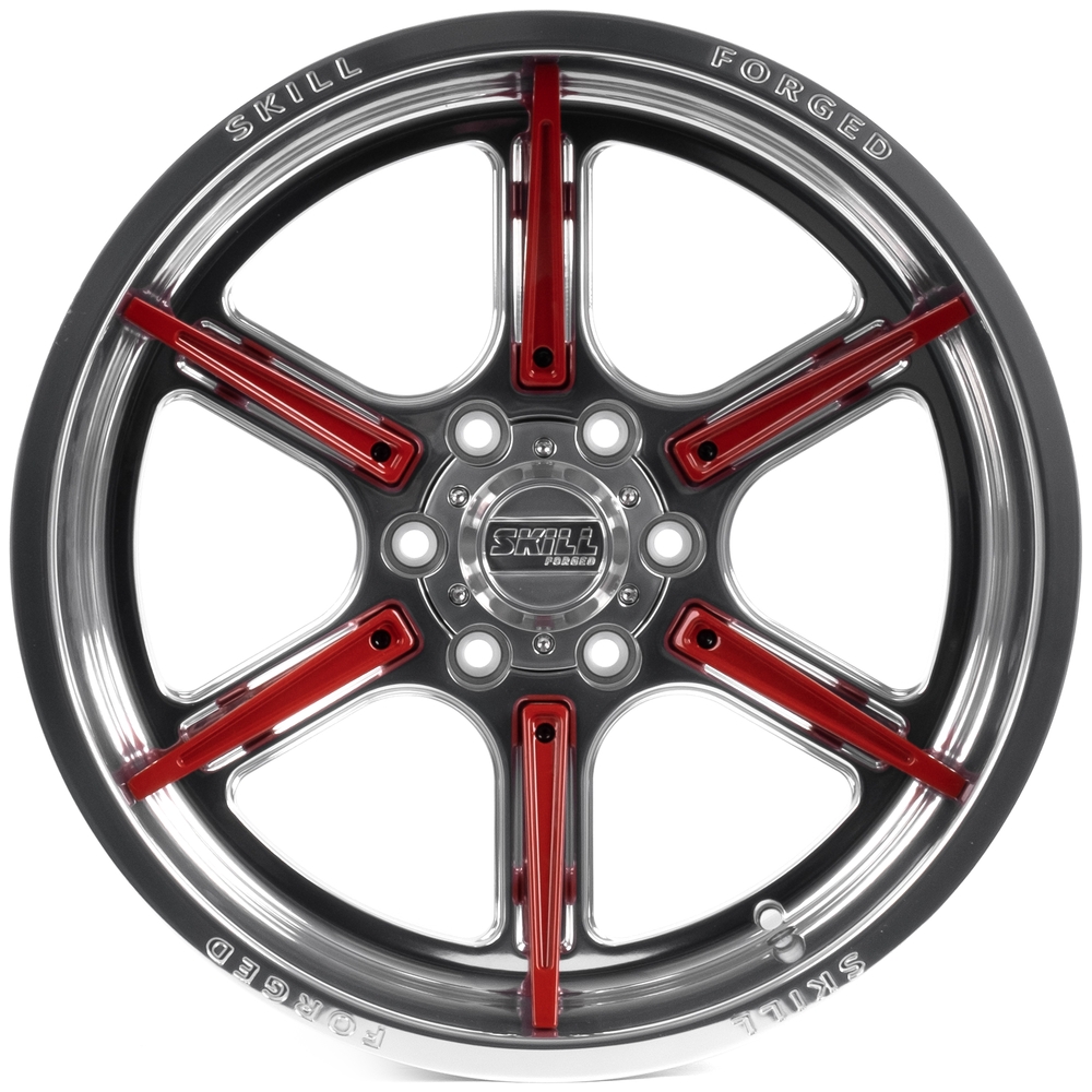 Кованый диск SKILL SD102-SV453 R20 10J 6x139.7 ET-18 Кованый диск SKILL SD102-SV453 R20 10J 6x139.7 ET-18 DIA 77.8 зеркальная полировка + красные спицы