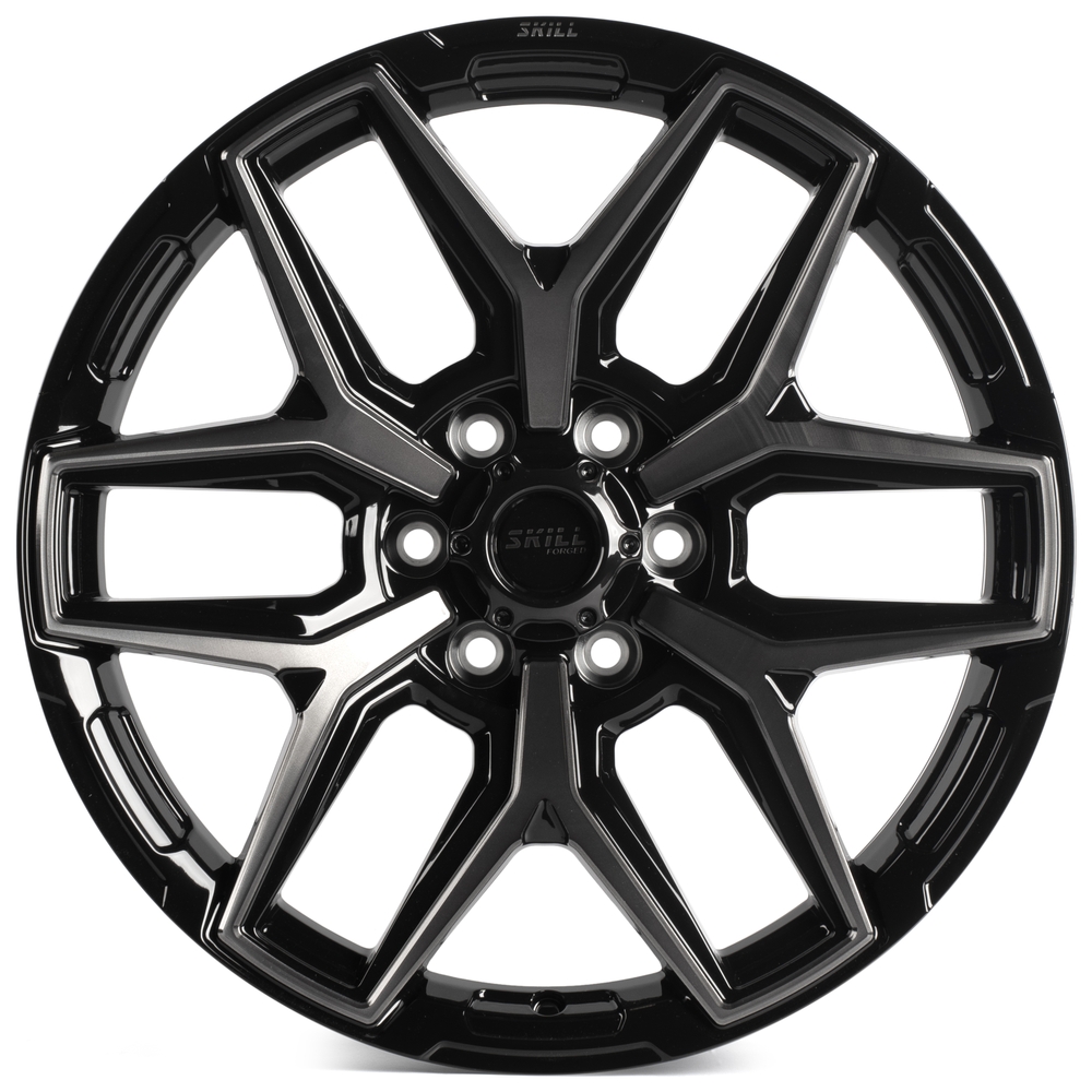 Кованый диск SKILL SV854-CS412 R20 9J 6x139.7 ET19 Кованый диск SKILL SV854-CS412 R20 9J 6x139.7 ET19 DIA 77.8 чёрный глянцевый + полированные спицы + лак SK51